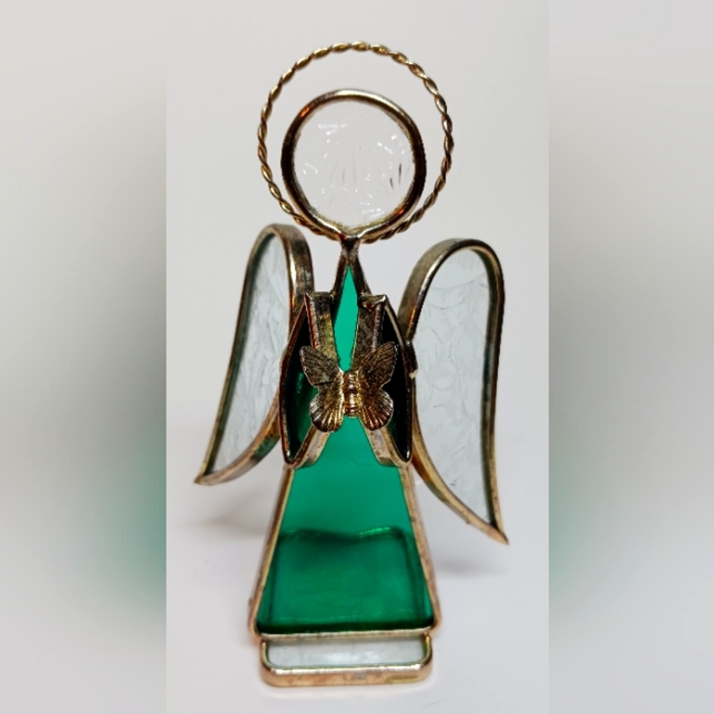 Stained Glass Green Angel, Vintage  glass holiday decor